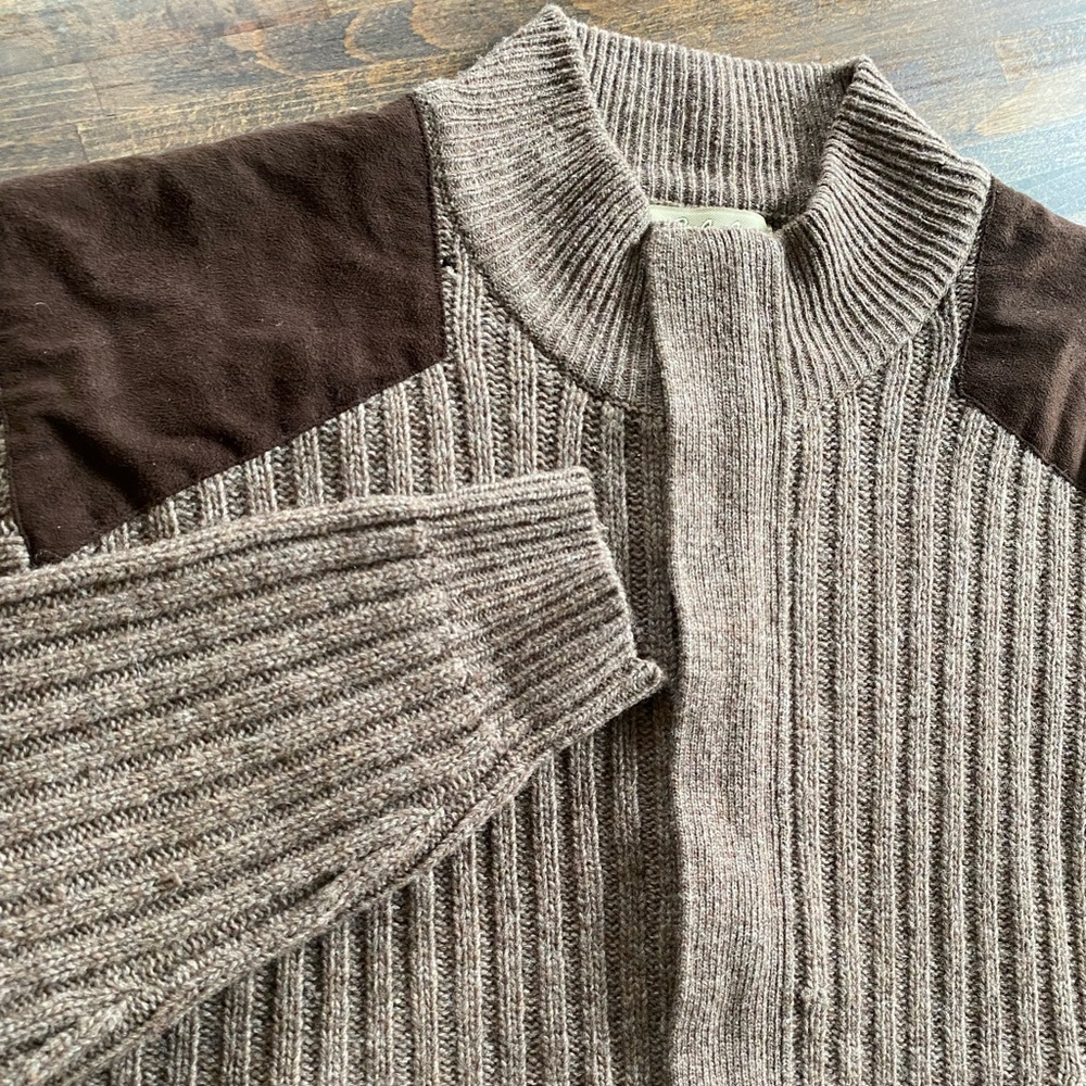 Cabelas Outfitters Series Mens M Lambswool Zip Sweater Brown Ribbed Elbow Patch*